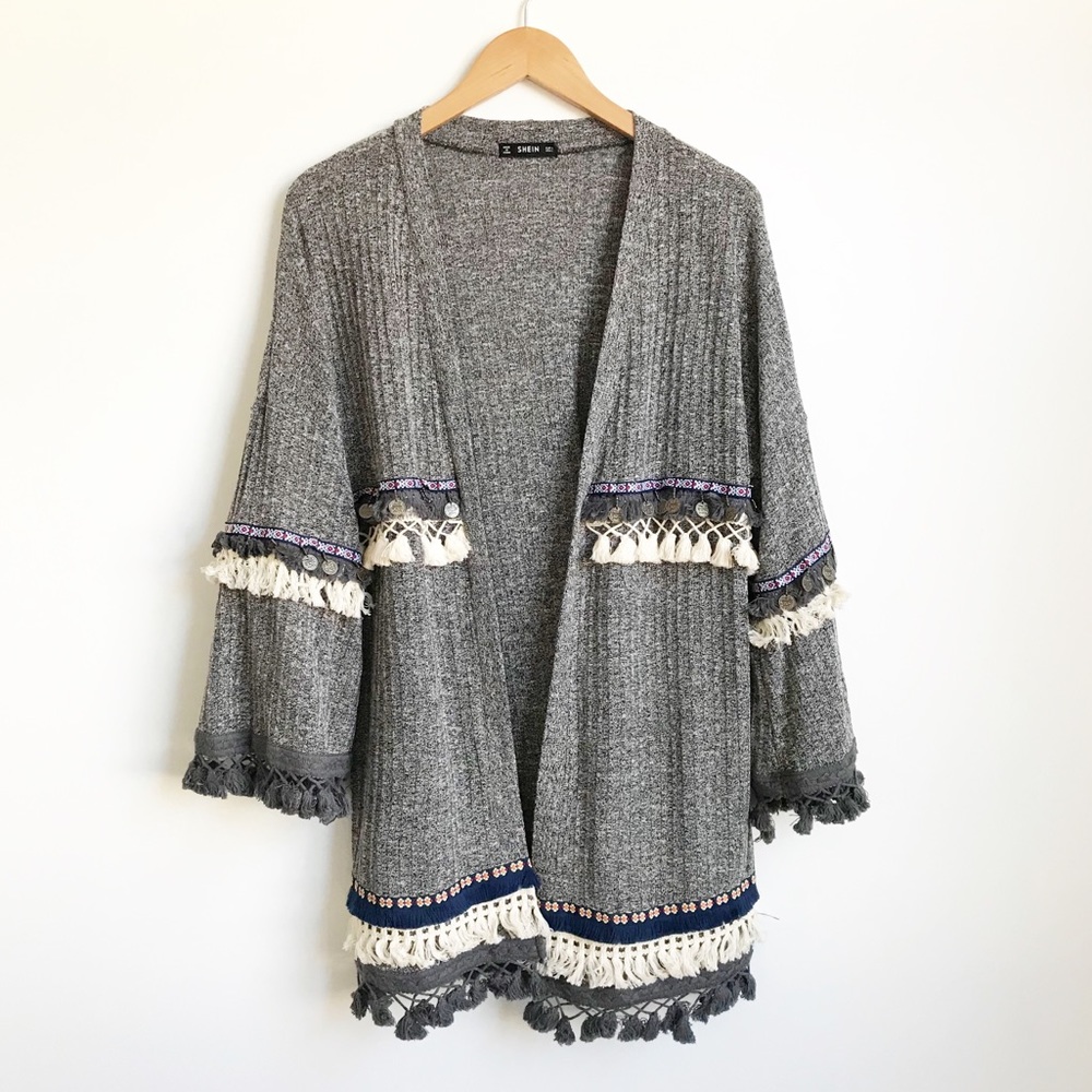 SHEIN Grey Marled Knit Embroidered Tassel Cardigan